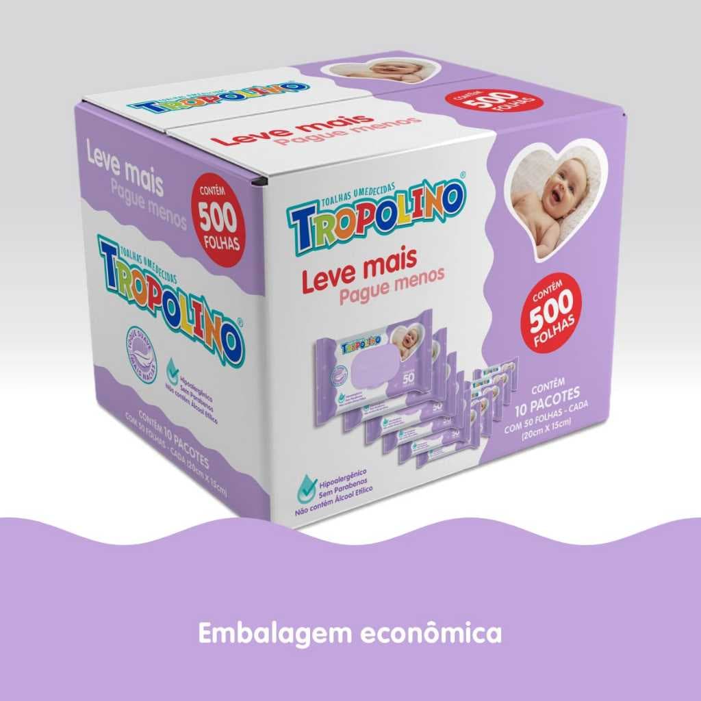 TOALHA UMEDECIDA PACK TROPOLINO 500 FOLHAS 10 PACOTES COM 50 FOLHAS