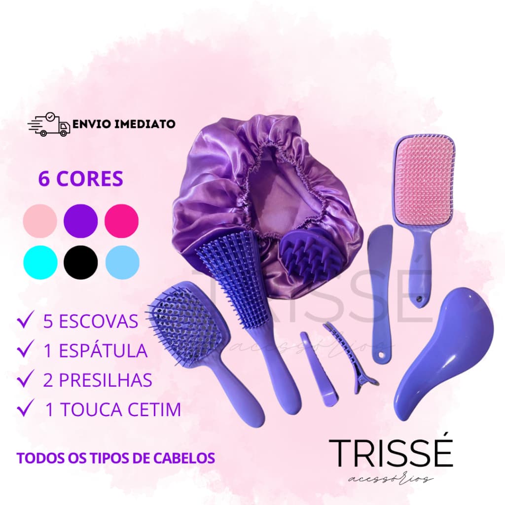 Kit 05 Escova Raquete Flex Escova Mágica e Polvo Massageador de Silicone Touca de Cetim Beauty Flash