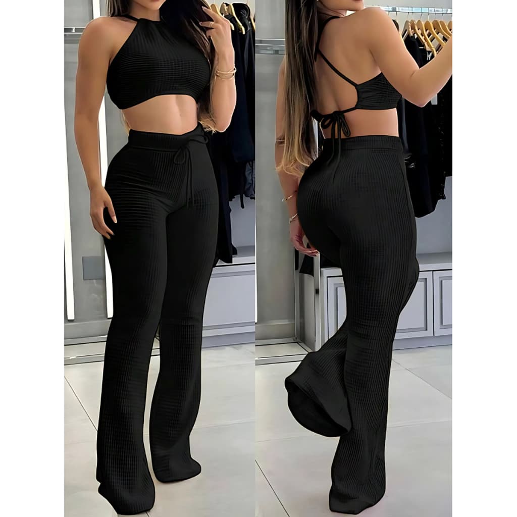 Conjunto Feminino Calça Flare e Top Forrado Frente Unica com Bojo Malibu