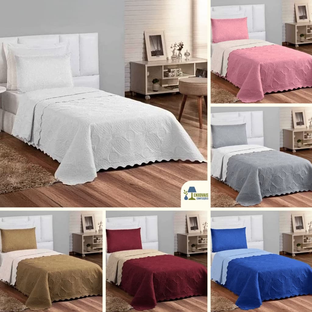 Kit Cobre Leito Colcha Solteiro Liso 1,60x2,40m Dupla Face