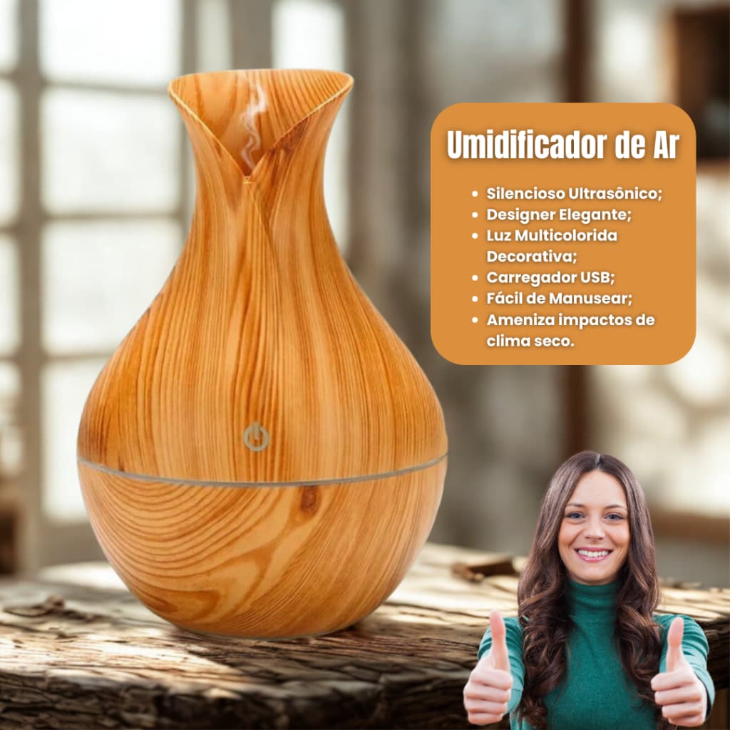 Umidificador de Ar USB 130ml Estilo Madeira – Silencioso, Compacto, Aromatizador com Luz LED Colorida