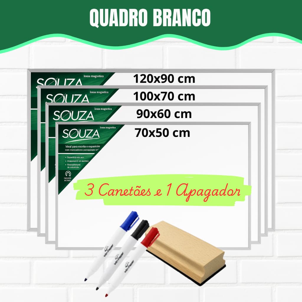 Lousa Quadro Branco Moldura de Alumínio Com Suporte para Canetas e Apagador