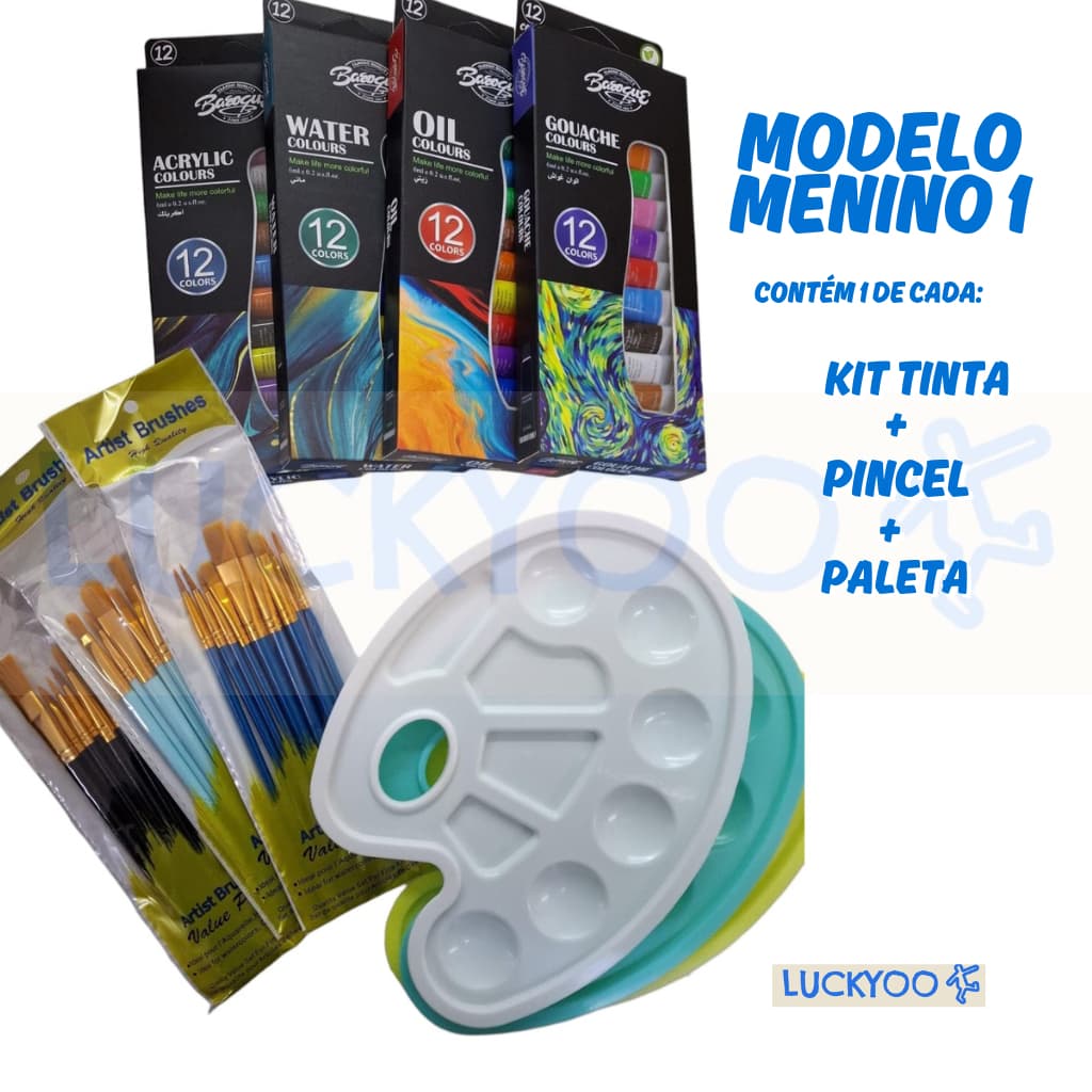 Kit Pincel + Paleta com OU sem Tinta Bisnaga 12 Cores Vibrantes 6ml Acrílica Óleo Aquarela Guache Pintura Artística