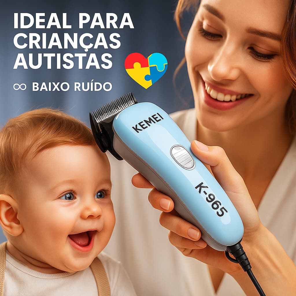 “Máquina de Cortar Cabelo Silenciosa Baixo Ruído para Bebês – Ideal p/ Crianças Autistas – 3 Pentes