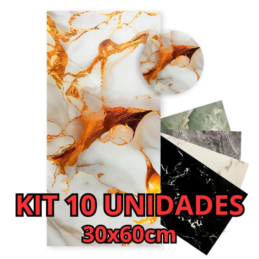 Kit 10 Placas Adesivas 3D Mármore Dourado Vinílico Lavável Autocolante Relevo Parede 30x60cm