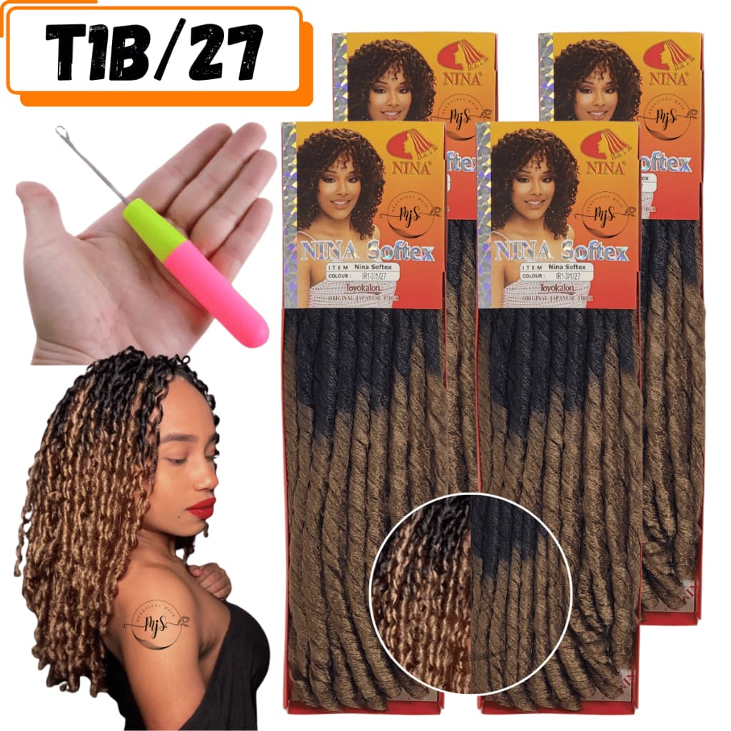 Kit 4 Pacotes Cabelo Nina Softex Orignal Crochet Braids Fibra Sintética + Agulha Crochet