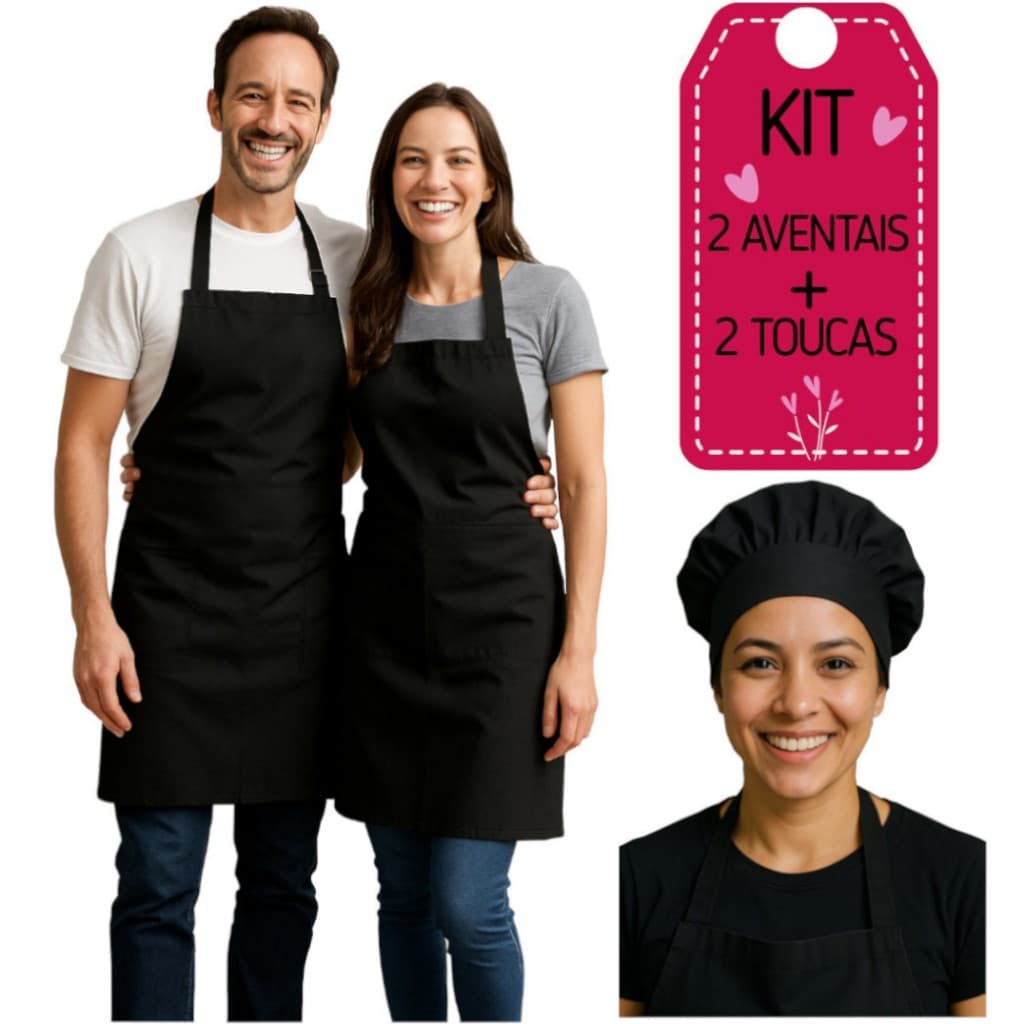 Kit 2 Avental e  2 Touca Em Oxford Com Bolso Frontal E ajuste de Altura 2 Peças Cozinha