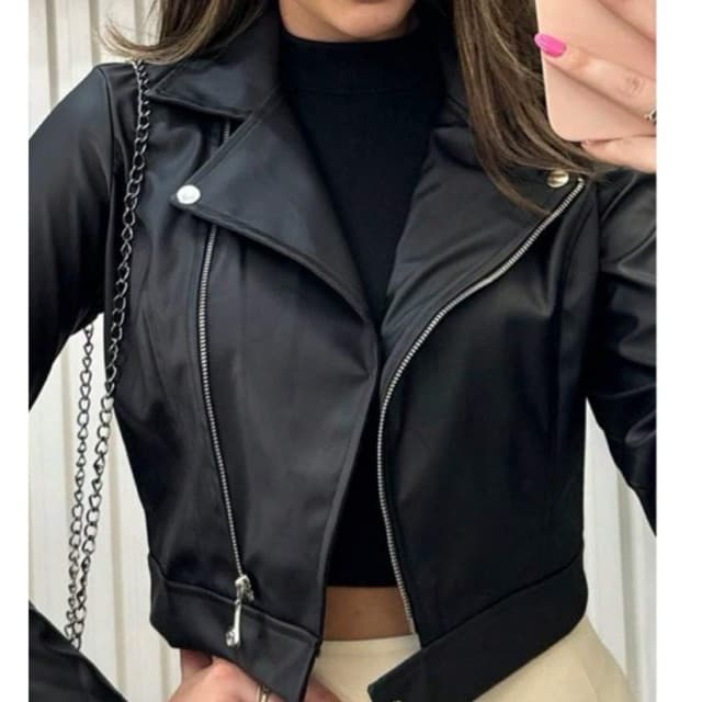 Jaqueta De Couro Feminina Com Ziper Inverno Elegante