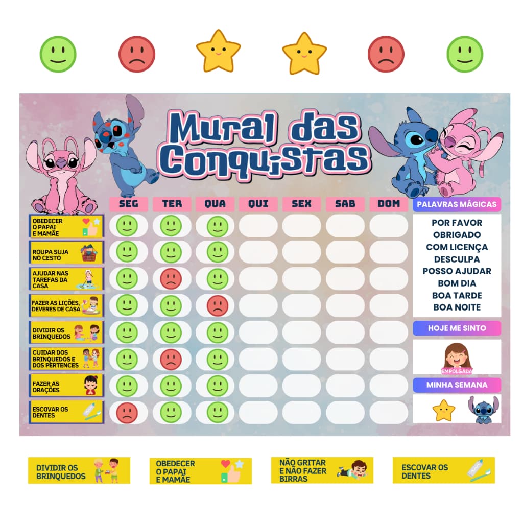 Mural Das Conquistas Rotina Infantil Lilo & Stitch Emoções Quadro de Rotina Criança