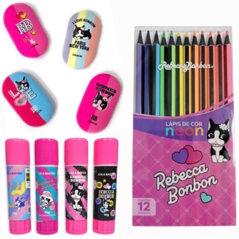Borracha, Cola Bastão, Apontador, Lapiseira 2.0, Lápis de Cor Tons Pastéis 12 cores RB Rebecca Bonbon Oficial - Skypaper