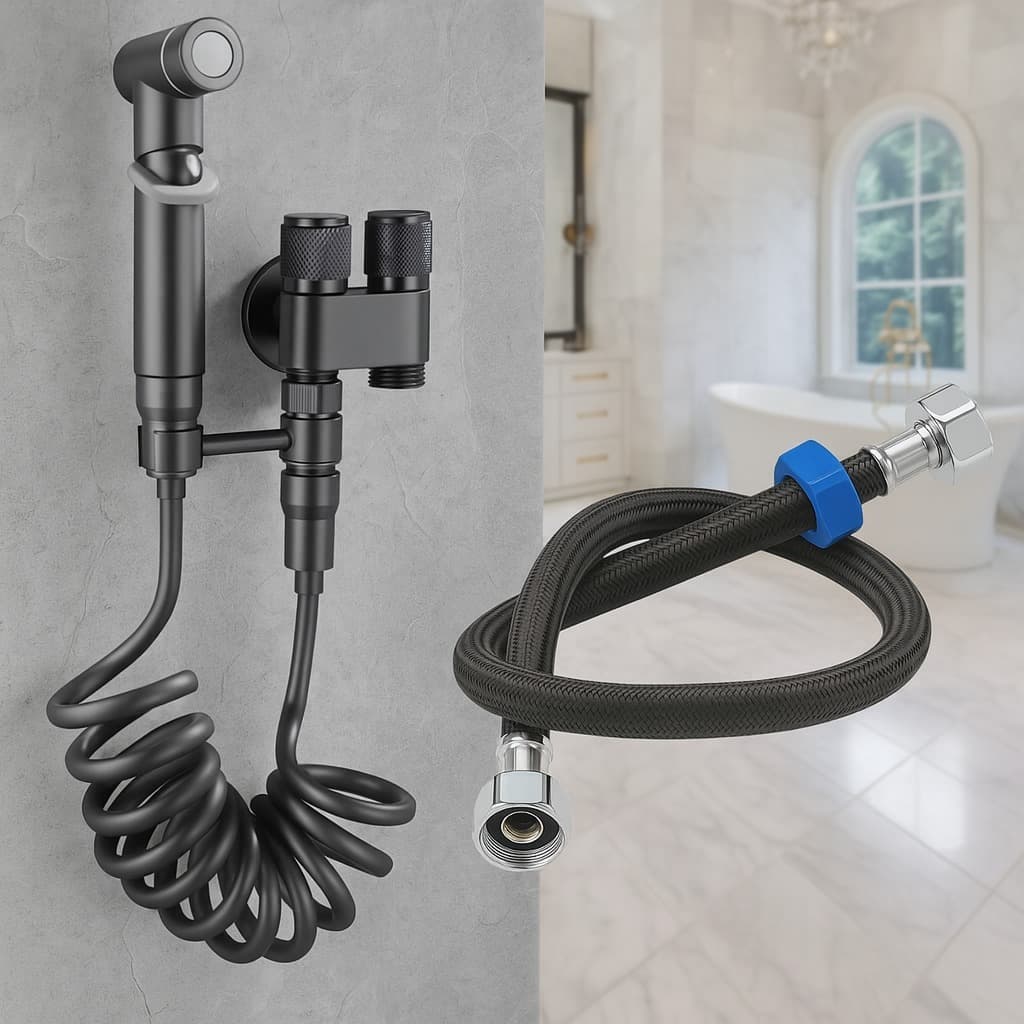 Kit De Ducha Higiênica Moderna Com Rabicho Engate Trançado Aço Inox Preto