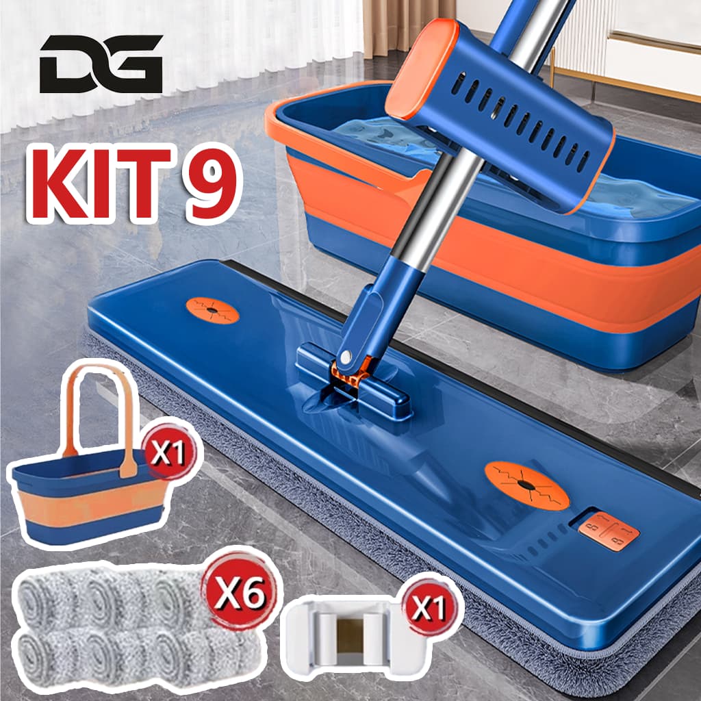 KIT 9 Esfregão Lazy Mop Mop Mãos Livres Mop Kit De Limpeza Seco/Molhado (Com Balde Raspador)-S10
