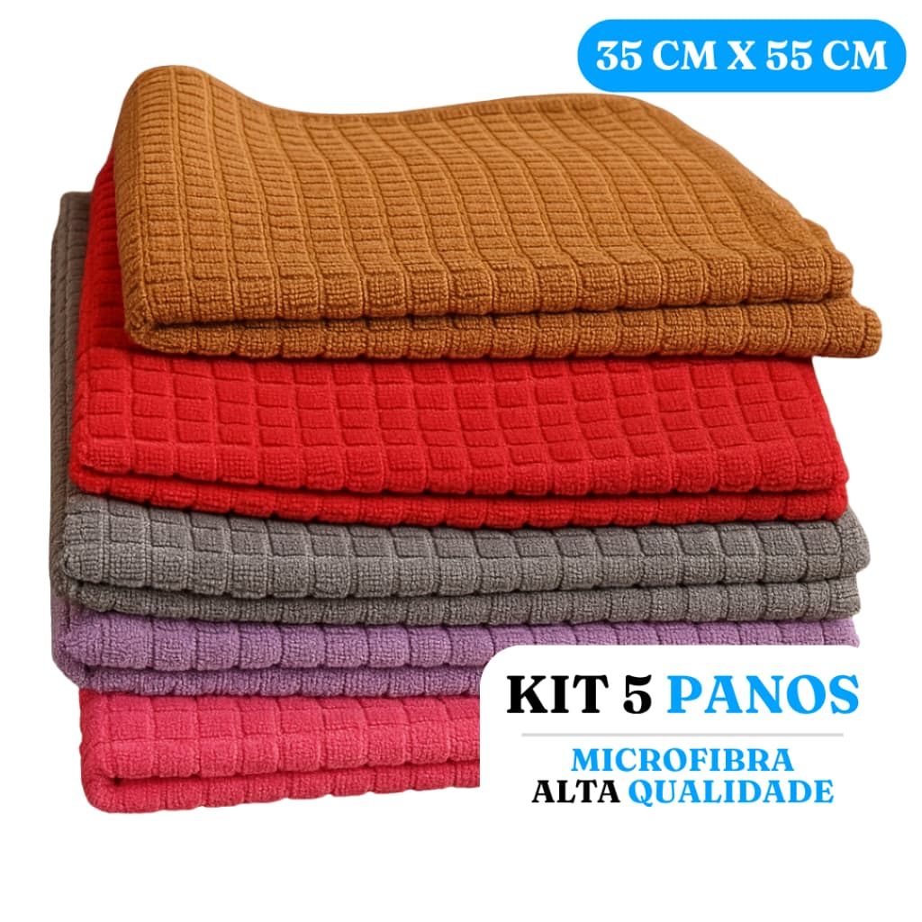 Kit 5 Panos Microfibra Flanela Multiuso 35x55cm – Alta Absorção e Durabilidade