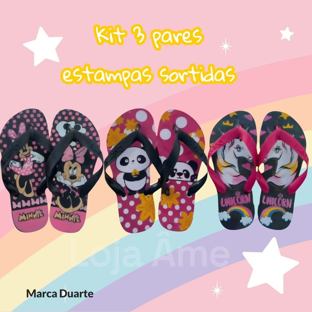 Kit 3 Pares de Chinelo Infantil Feminino – Sortidos e Confortáveis  | Marca Duarte