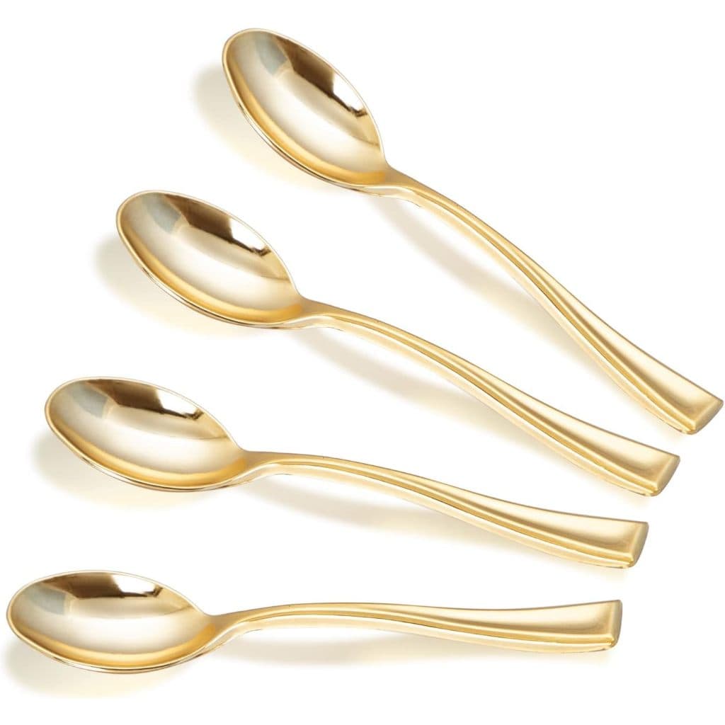 50/100 peças de mini colheres descartáveis de plástico douradas, colheres resistentes para sobremesas