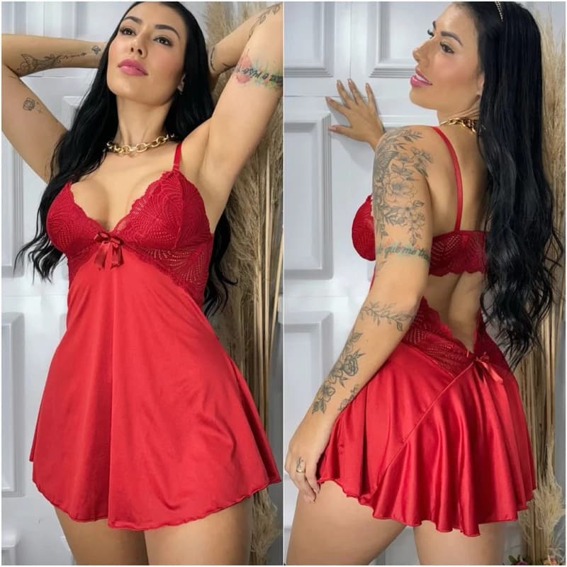 Camisola Sexy Renda Feminina Lingerie Sensual Noite Romântica Babydoll de Dormir Luxo