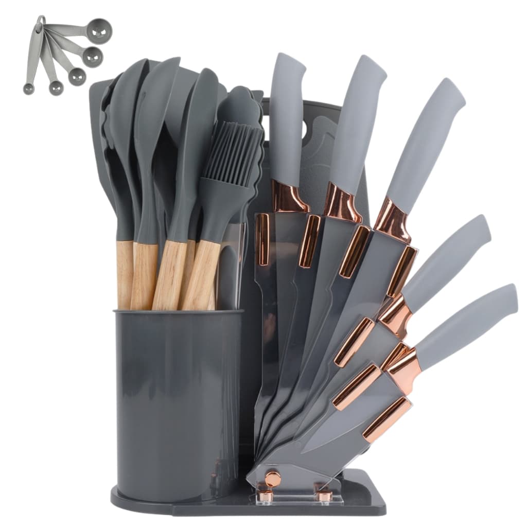 Kit 19 Utensílios De Cozinha Com Cabo De Madeira E Silicone
