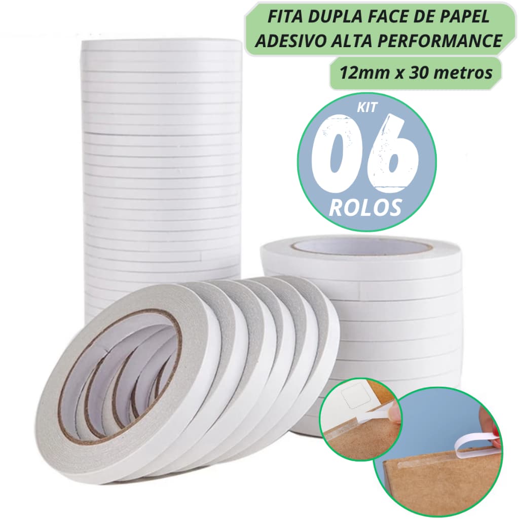 06 ROLOS DE FITA DUPLA FACE DE PAPEL ALTA ADERENCIA 12MM X 30M - ENVIO IMEDIATO