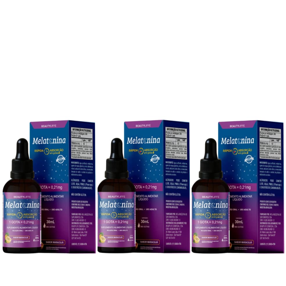 Kit 3 Melatonina BeautyLiffe em Gotas Rápida Absorção, Qualidade no Sono - Sabor Maracujá