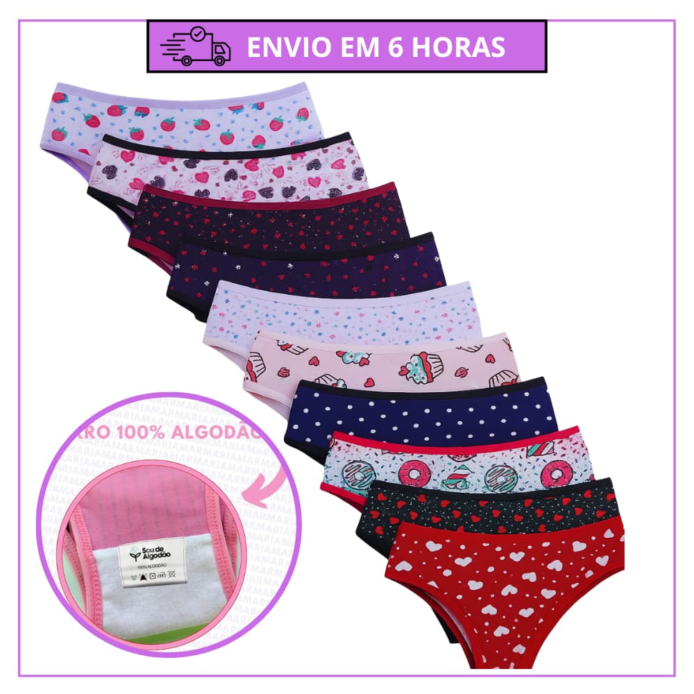 Kit Calcinhas Infantojuvenil em Algodão com Forro