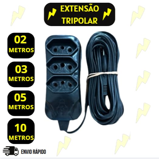 EXTENSÃO ELÉTRICA TRIPOLAR BIVOLT 2, 3, 5 E 10 METROS - 03 TOMADAS (10A - COR PRETA - 110/220V)