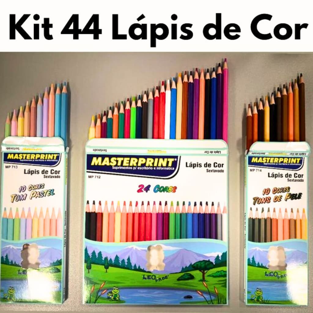 Kit 44 Lápis de Cor (24 CORES + 10 Cores Tom Pastel +10 Cores Tons de Pele) Escolar Sextavado