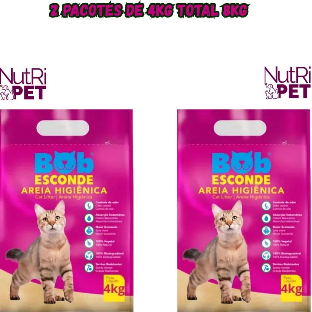 Areia Higiênica 8kg Natural Biodegradável BOB ESCONDE Extrato Mandioca
