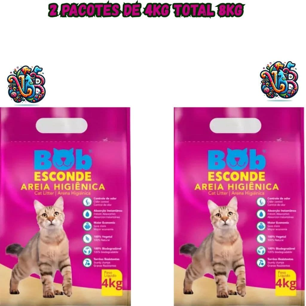 Kit 8kg Areia Higiênica Natural Biodegradável BOB ESCONDE Extrato Mandioca Sem cheiro Branca Gatos