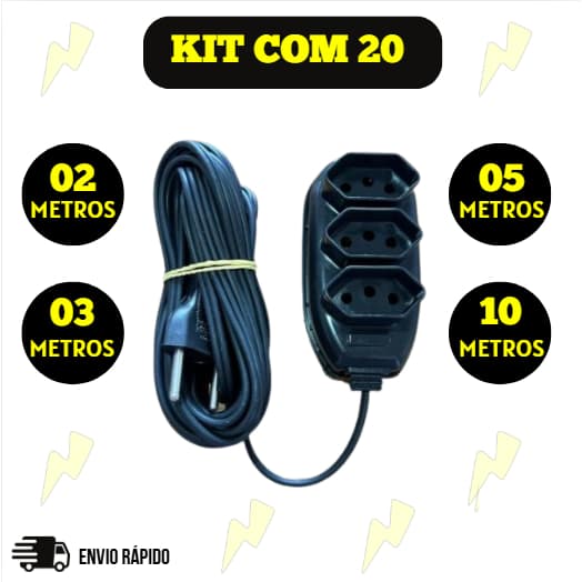 Kit com 10 ou 20 Extensão Tripolar Bivolt 2 3 5 E 10 Metros (10A - Cor Preta -110/220V - 03 tomadas)