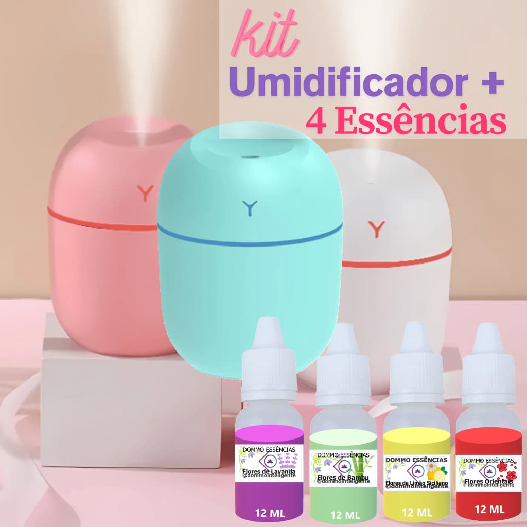KIT Umidificador Aromatizador + 4 Essências Hidrossolúvel | Difusor de Ar Mini-Egg 250ml