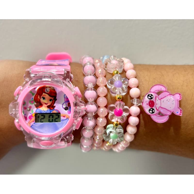 Kit Relógio Infantil Feminino Musical com 4 Pulseiras de Miçangas