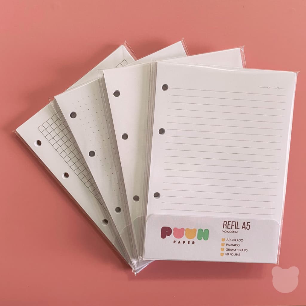 Refil Fichário Caderno Argolado 4 furos 50/100 Folhas A5 - Pautado, Quadriculado, Pontilhado, Liso