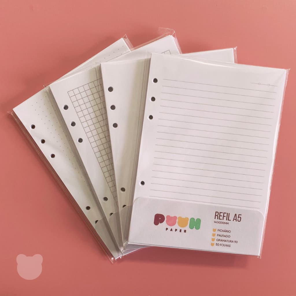 Refil Fichário Caderno Argolado 6 furos 50/ 100 Folhas A5 - Pautado, Quadriculado, Pontilhado, Liso