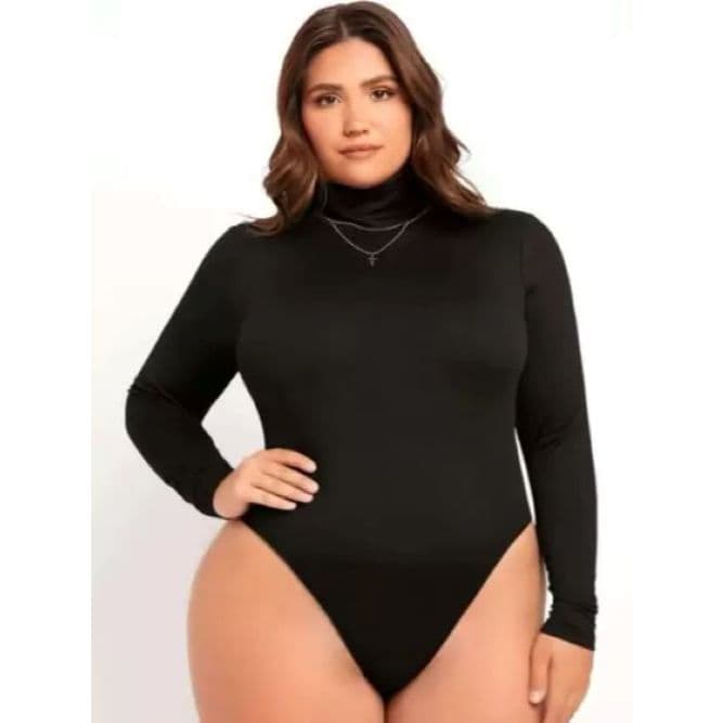 Body Feminino Plus Size & Curve Manga Comprida Longa Gola Alta Tecido Suplex