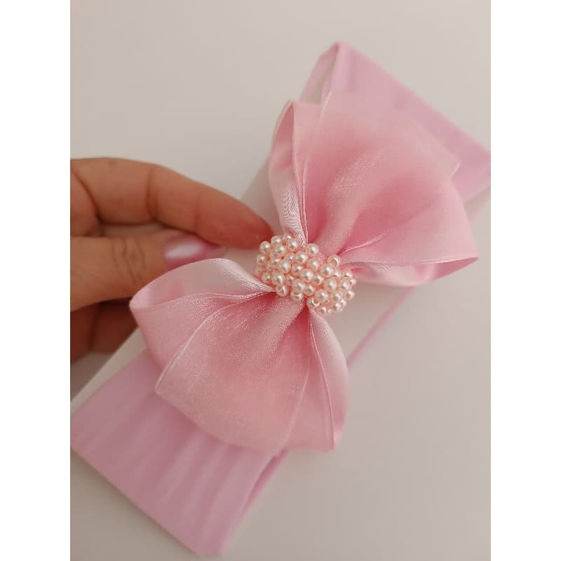 Laço Bordado em Pérolas Faixa de Cabelo Bebês, laço em organza 1 unid.