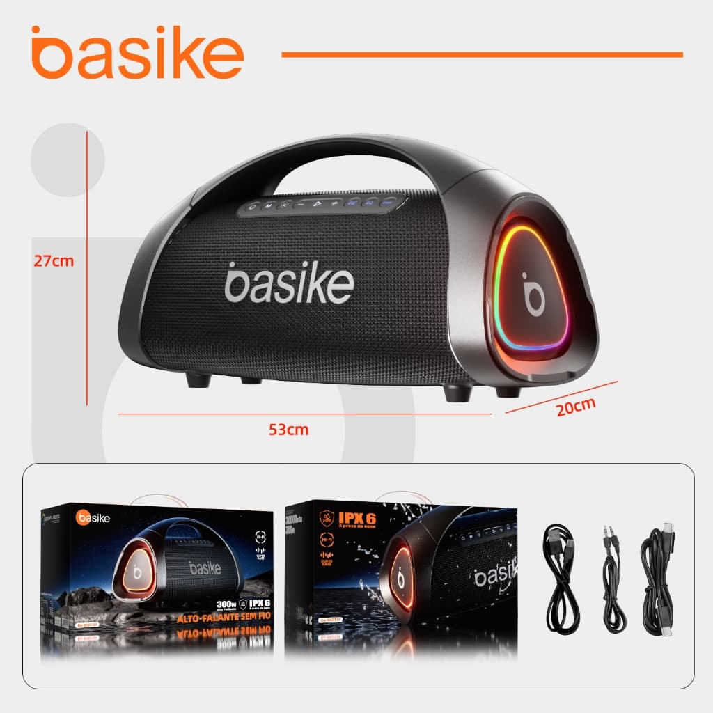 Basike Caixa de Som 300W Bluetooth V5.3 lPX6 com 30000mah Power Bank