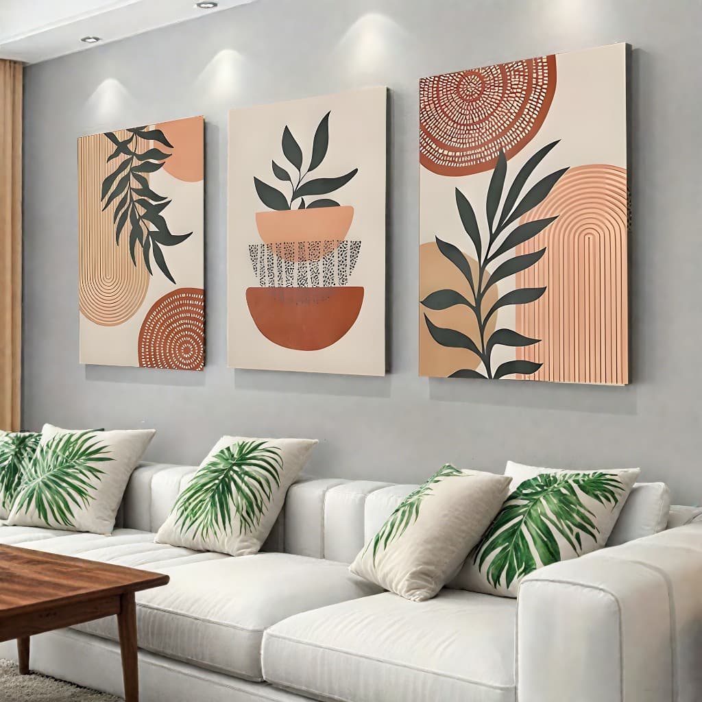 Kit 3 Quadros Decorativos Quarto e Sala 40x60 Planta Tropical - Linhas Geométricas Folhas Moderno