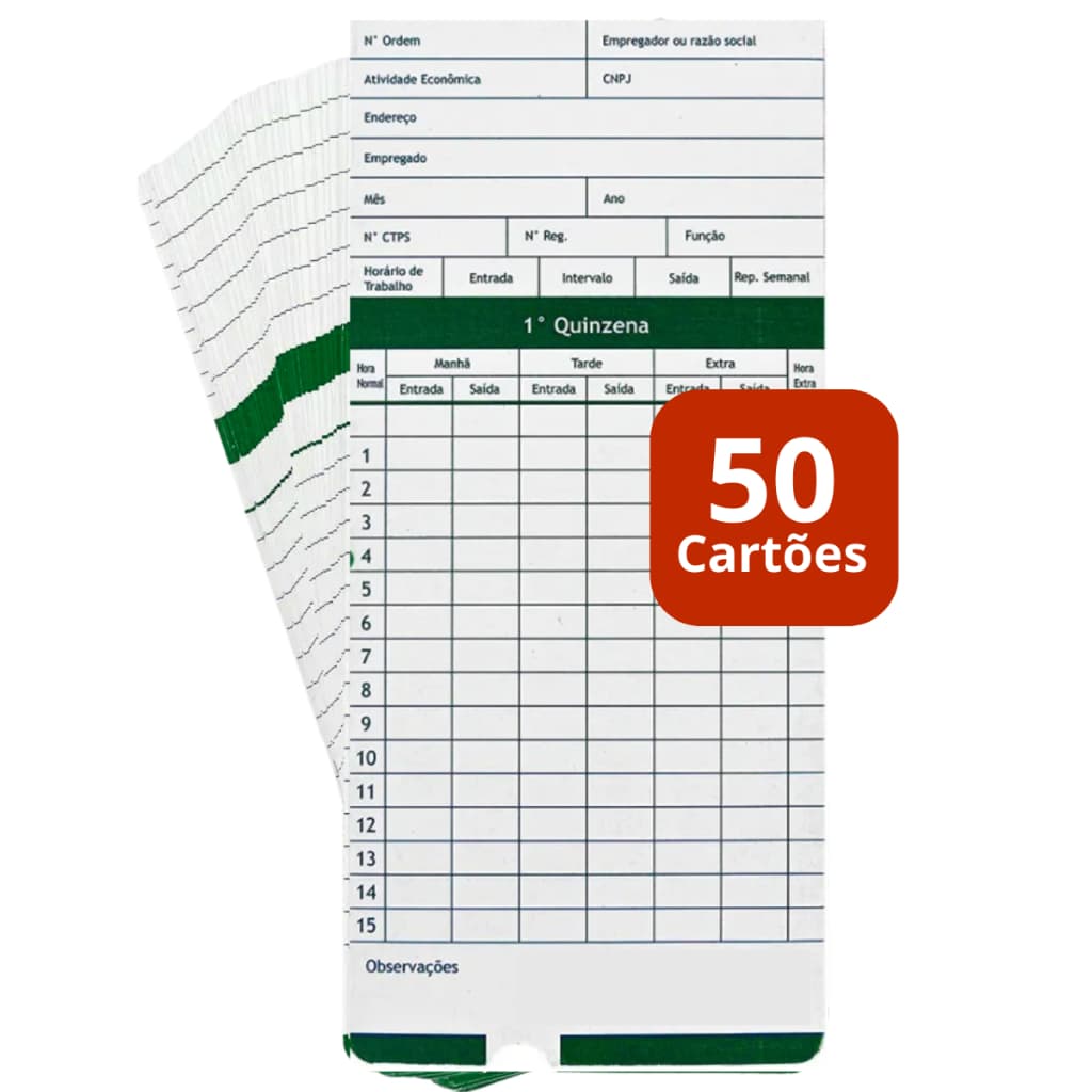 KIT 50 UNIDADES CARTÃO PONTO MANUAL PARA MÁQUINA RELÓGIO CARTOGRAFICO DIGITAL ELETRÔNICO