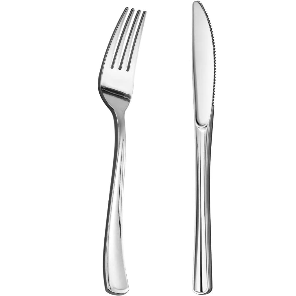Kit 100 Talheres Luxo De Plástico De Prata, 50 garfos + 50 facas, descartáveis resistentes Talheres