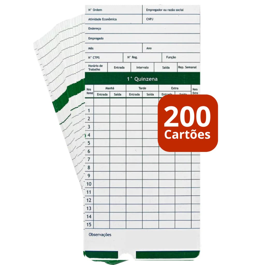 KIT 200 UNIDADES CARTÃO PONTO MANUAL PARA MÁQUINA RELÓGIO CARTOGRAFICO DIGITAL ELETRÔNICO