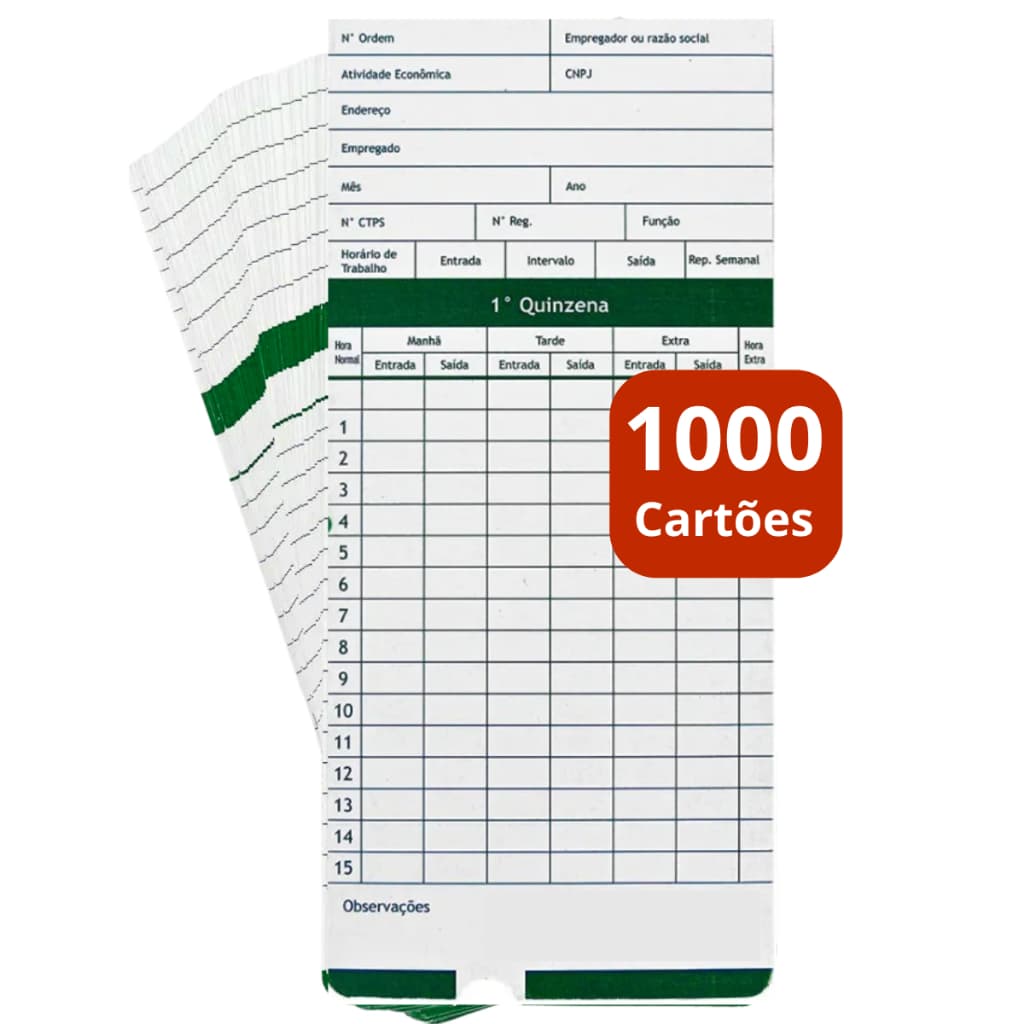KIT 1000 UNIDADES CARTÃO PONTO MANUAL PARA MÁQUINA RELÓGIO CARTOGRAFICO DIGITAL ELETRÔNICO