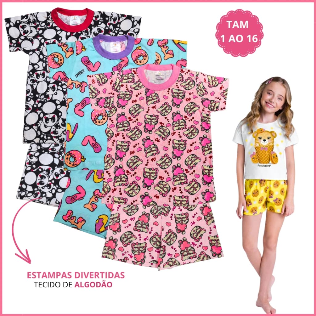 Kit 6 Peças Pijama Infantil Menina Verão 3 Camiseta e 3 Short Roupa Infantil em Algodão  1 ao 16