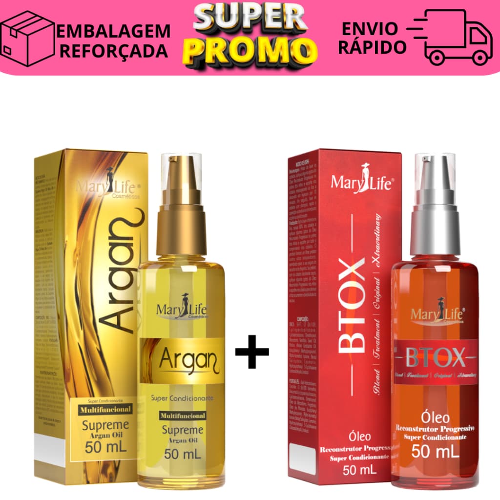 Kit 2 óleo para cabelo Reparador de pontas profissional Argan Supreme + Btox Reconstrutor 50ml