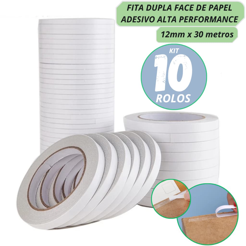 10 ROLOS DE FITA DUPLA FACE DE PAPEL FININHA 12MM X 30 METROS - ALTA PERFORMANCE HOT MELT