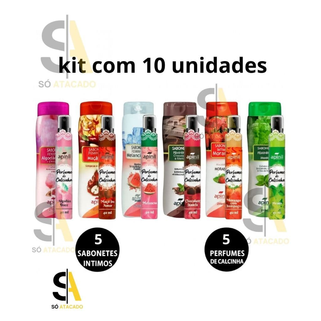 Kit 10 Unidades 5 Sabonete Íntimo + 5 Perfume de Calcinha Apinil Original Atacado - PODE ESCOLHER