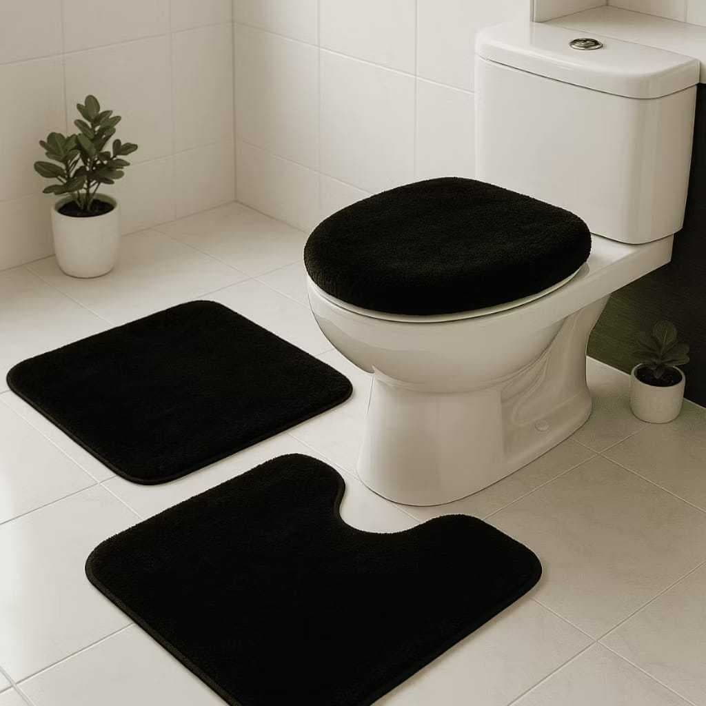 KIT Tapete para Banheiro 3 Peças Pelúcia Algodão Macio Antiderrapante GRAFITE/PRETO