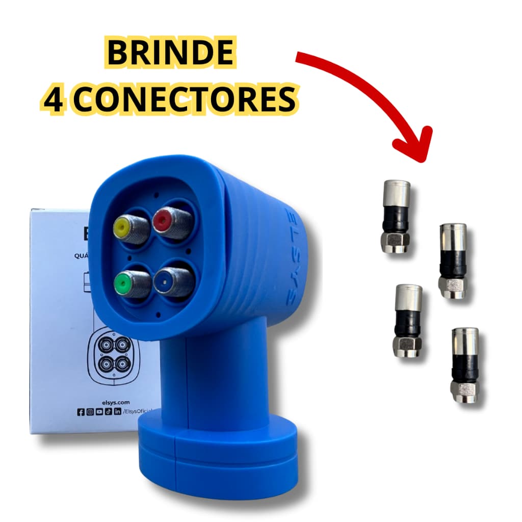 LNBF Quádruplo Universal Banda Ku Full HD Elsys Antena de 60cm Via Satelite e 4 Conectores de Brinde