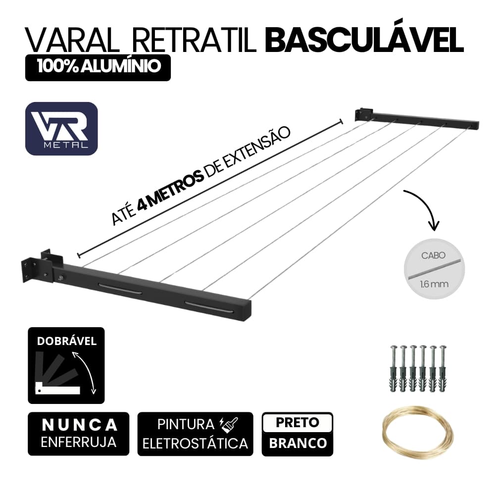 Varal Retrátil Dobrável De Parede Em Alumínio Cabo De Aço Encapado Suporta 40 Kgs ENVIO IMEDIATO