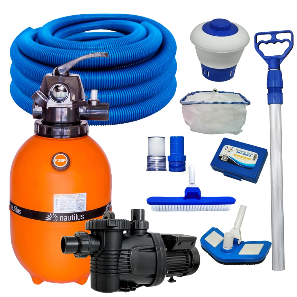 Kit Filtro de Areia Para Piscina Nautilus e Motobomba 1/3cv Com Kit de Limpeza e Manutenção Completo