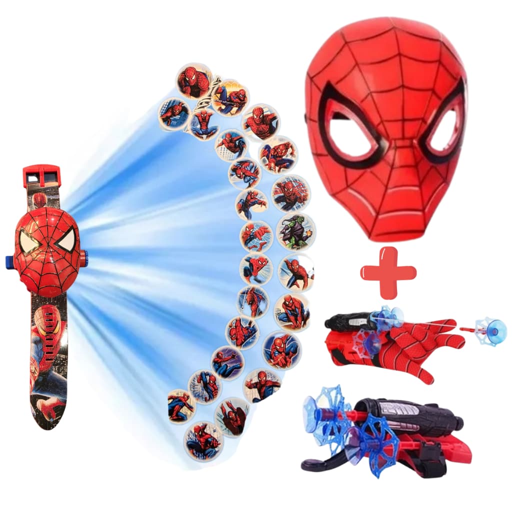 Kit Homem Aranha Relógio Projetor + Lança Teia + Mascara